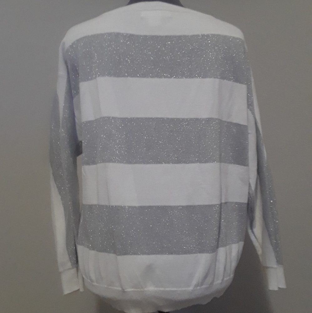Liz Claiborne Sparkly Grey & White Striped Long Sleeve Shirt - Picture 3 of 4